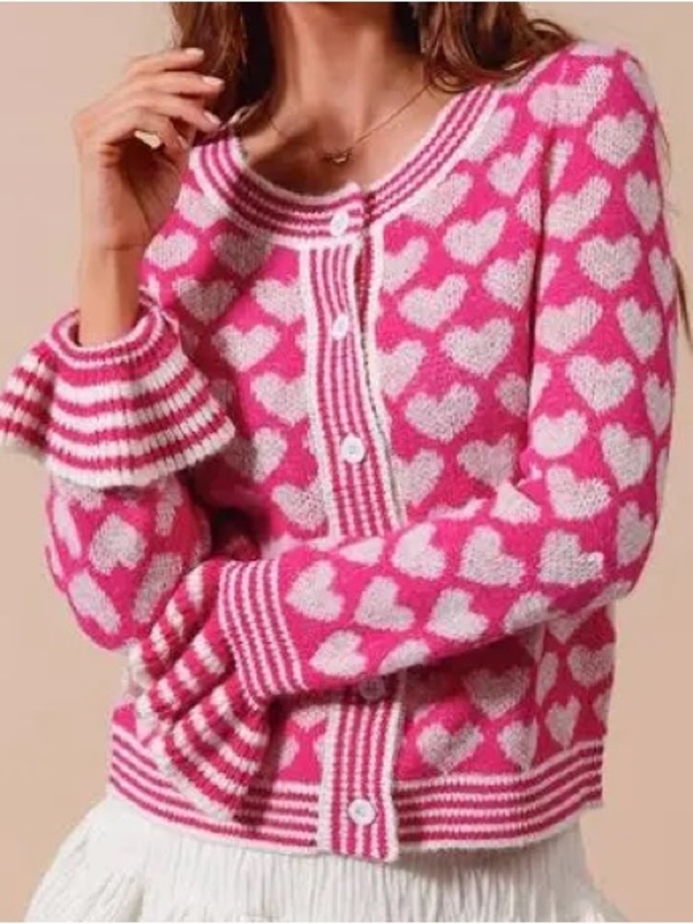 Anthropologie So Me Pink Heart Print Button-Front Sweater Cardigan Sz S